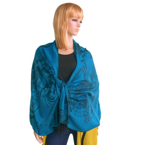Pashmina Shawl Scarf With Blue Floral Patterns And Tassel Ends_voghion.com