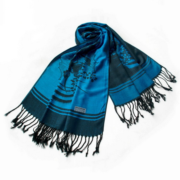 Pashmina Shawl Scarf With Blue Floral Patterns And Tassel Ends_voghion.com