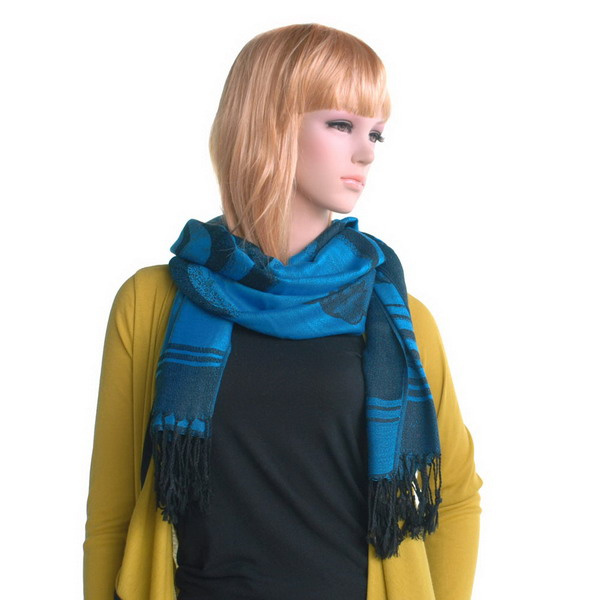 Pashmina Shawl Scarf With Blue Floral Patterns And Tassel Ends_voghion.com