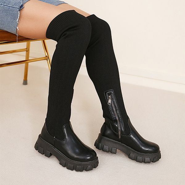 dropship Women's Over The Knee Boots 2022 Knitted Autumn Fashion Female Platform Boot Splicing Ladies Sock Shoes Woman Long Boots