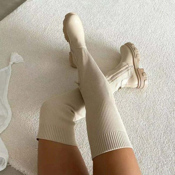 dropship Women's Over The Knee Boots 2022 Knitted Autumn Fashion Female Platform Boot Splicing Ladies Sock Shoes Woman Long Boots