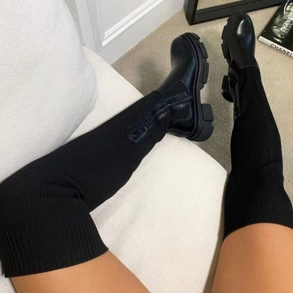 dropship Women's Over The Knee Boots 2022 Knitted Autumn Fashion Female Platform Boot Splicing Ladies Sock Shoes Woman Long Boots