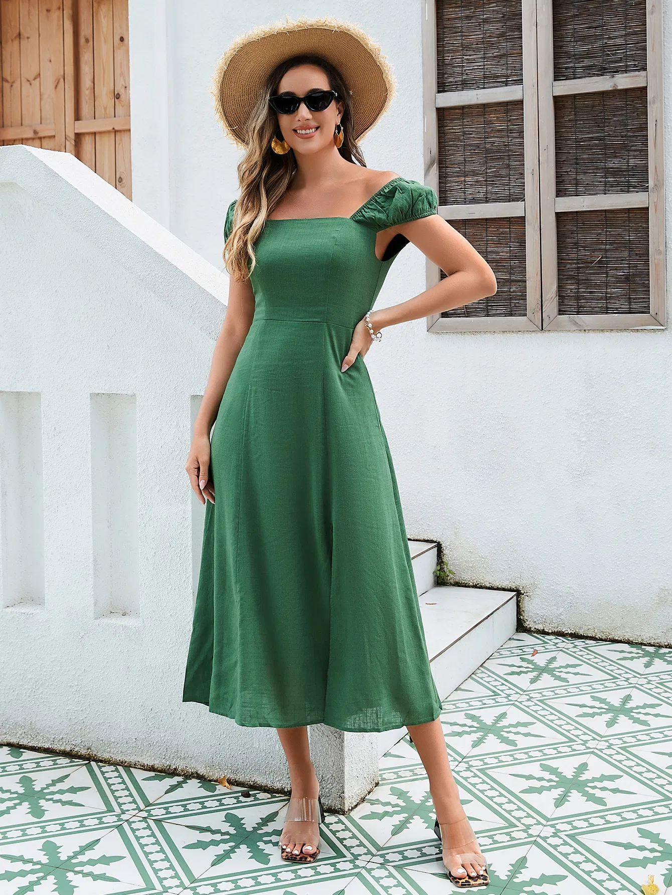 Dropship Women s Linen Cotton Midi Dress Versatile Off Shoulder Design With Adjustable Tie Back And Split Hem In Yellow Green And Orange to Sell Online at a Lower Price Doba