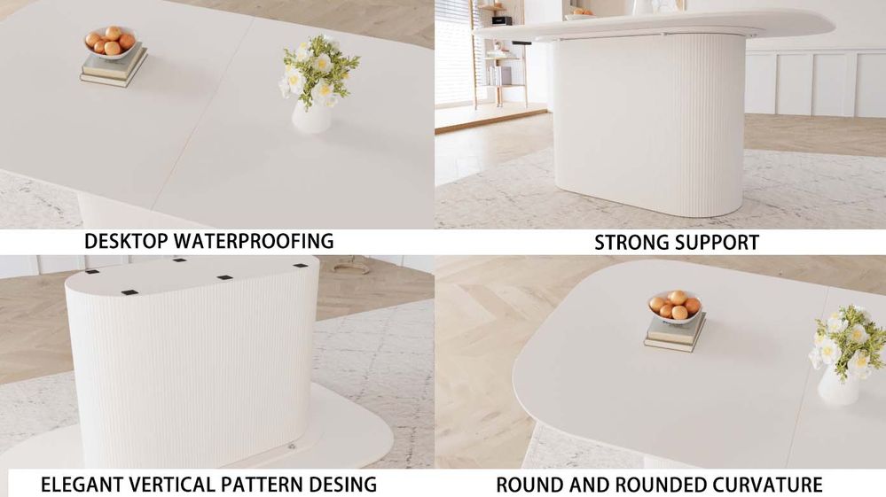 dropship 63 "medieval modern cream style MDF dining table and PU dining chair set 4. Assemble Desktop and black metal leg dining chair set, suitable for home&kitchen