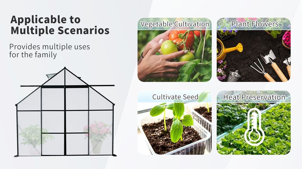 dropship 8X6FT-Black Double Door Polycarbonate Greenhouse Raised Base and Anchor Aluminum Heavy Duty Walk-in Greenhouses for Outdoor Backyard in All Season