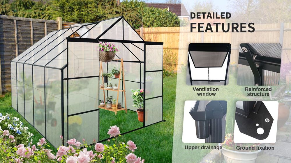 dropship 8X6FT-Black Double Door Polycarbonate Greenhouse Raised Base and Anchor Aluminum Heavy Duty Walk-in Greenhouses for Outdoor Backyard in All Season