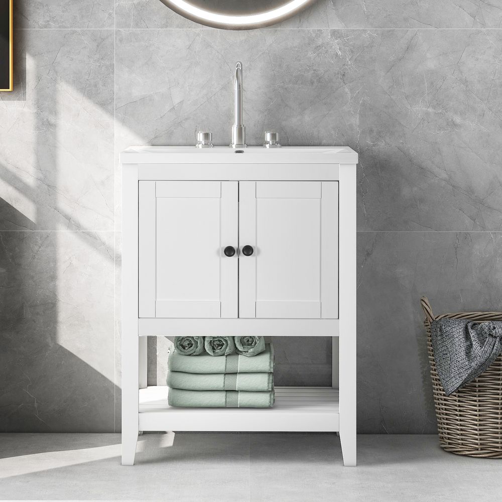 dropship [VIDEO] 24" White Modern Sleek Bathroom Vanity Elegant Ceramic Sink with Solid Wood Frame Open Style Shelf