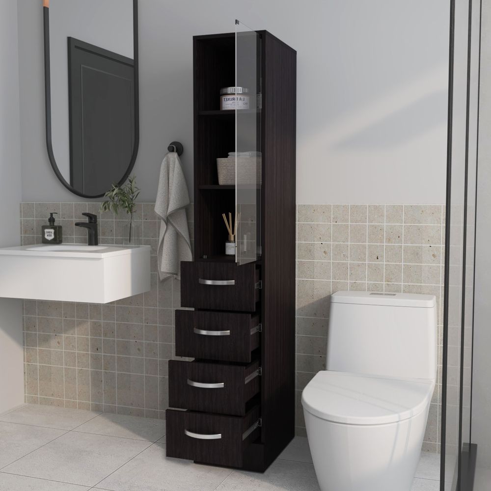 dropship Piñon Bathroom Linen Cabinet with Glass Door and Drawers, Wengue