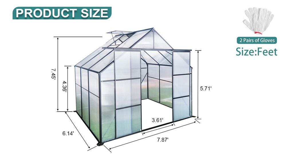 dropship 8X6FT-Black Double Door Polycarbonate Greenhouse Raised Base and Anchor Aluminum Heavy Duty Walk-in Greenhouses for Outdoor Backyard in All Season
