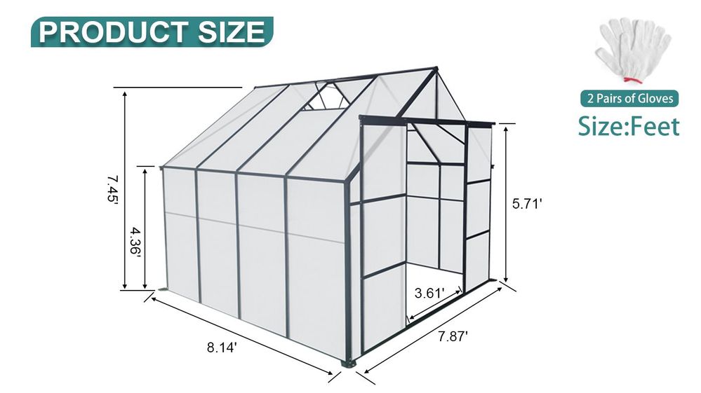 dropship 8x8 FT Double Door Polycarbonate Greenhouse Raised Base and Anchor Aluminum Heavy Duty Walk-in Greenhouses for Outdoor Backyard in All Season,Black
