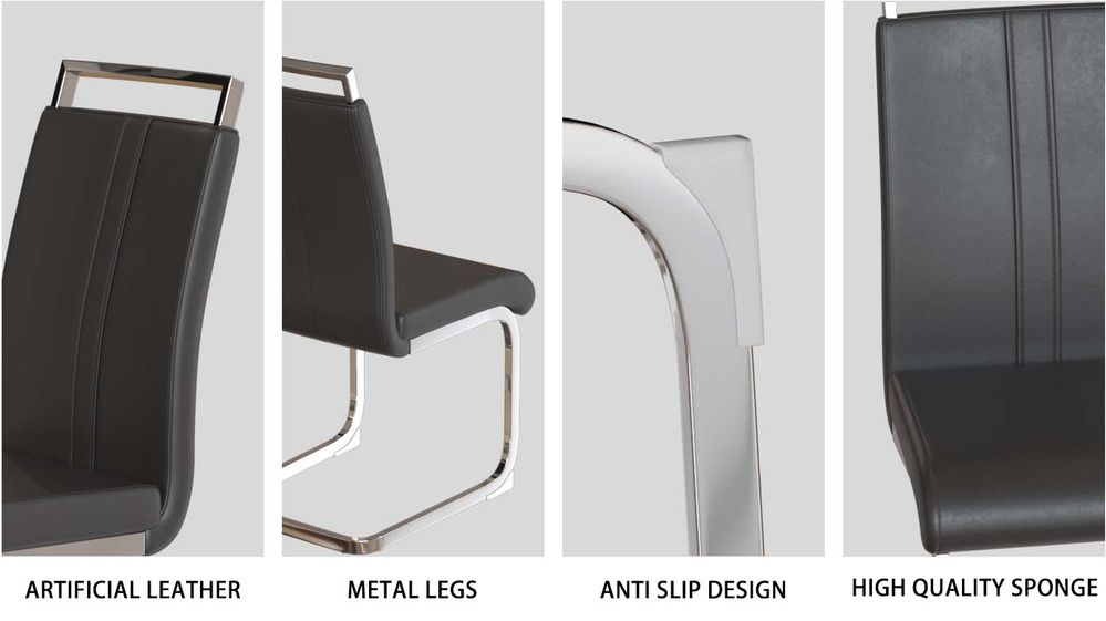dropship 63 "medieval modern cream style MDF dining table and PU armless dining chair set 4. Assemble Desktop and Silver plated metal leg dining chair set, suitable for home&kitchen