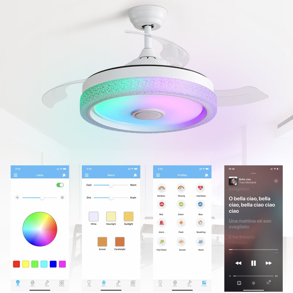 dropship 42 Inch Modern Invisible Ceiling Fan, 120V 3 ABS Blades Remote Control Reversible DC Motor, With 36W Led Light Smart APP Control, Past ETL Ceiling Fan