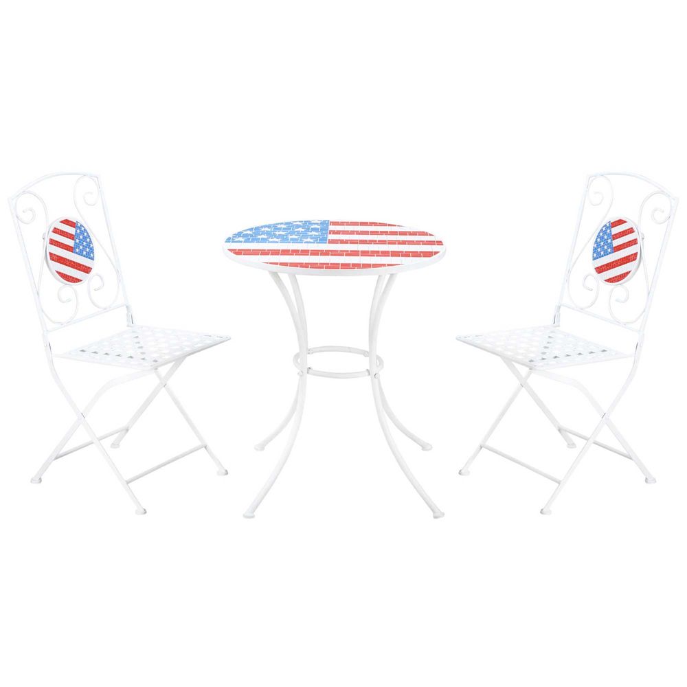 dropship 3 Piece Patio Bistro Set, Folding Outdoor Furniture with USA Mosaic Table and Chairs, Portable Metal Frames for 4th of July, Balcony, Backyard, Poolside, Porch, American Flag