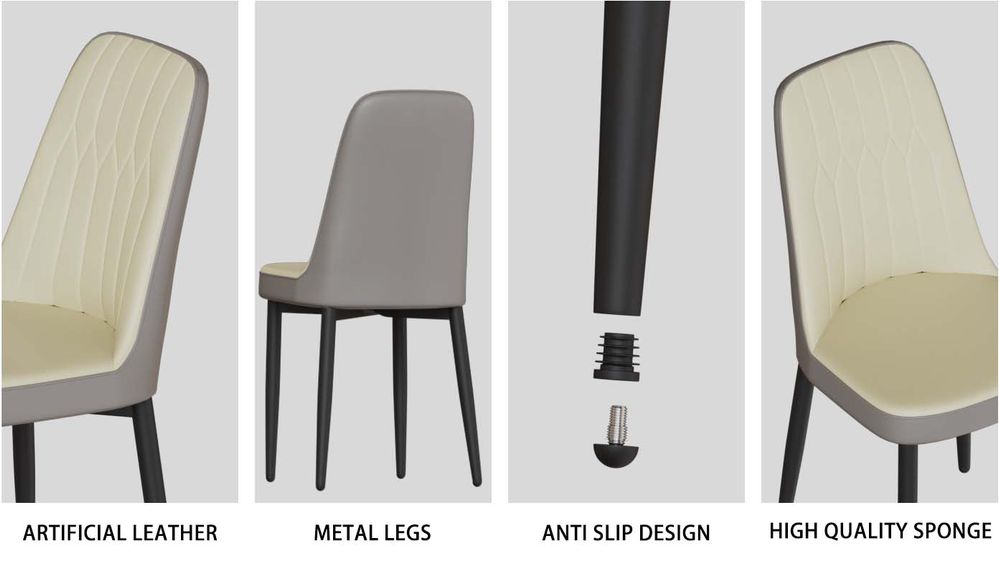 dropship 63 "medieval modern cream style MDF dining table and PU dining chair set 4. Assemble Desktop and black metal leg dining chair set, suitable for home&kitchen