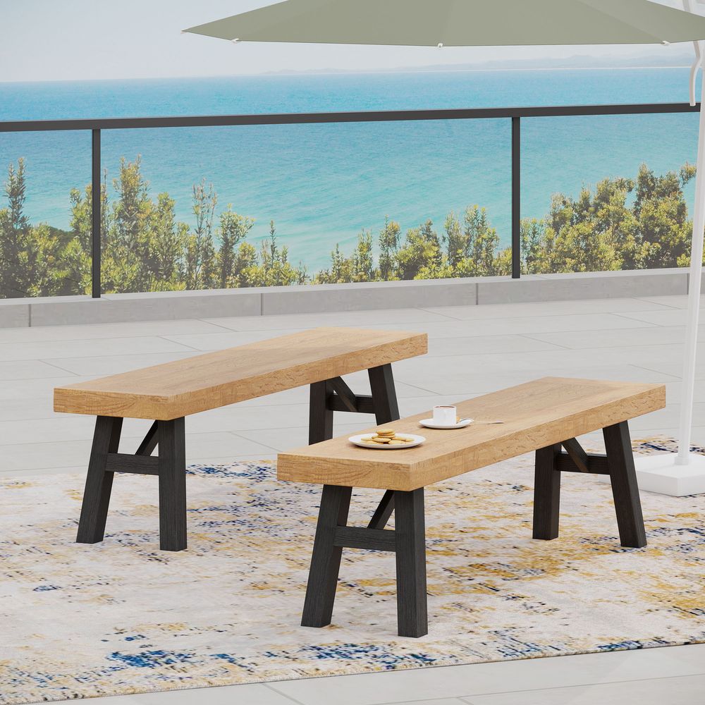 dropship Outdoor Bench with Slat Panel Design and Acacia Wood Frame(Set of 2), Natural and Grey