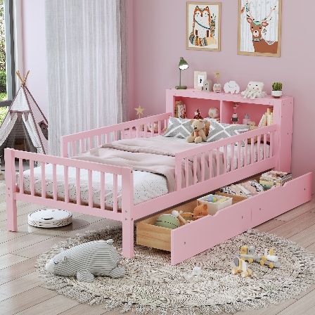 dropship Twin Size Bed with Headboard Storage Rack, Two Under-Bed Drawers, Three-Side Guardrails for Safety and Security,Pink