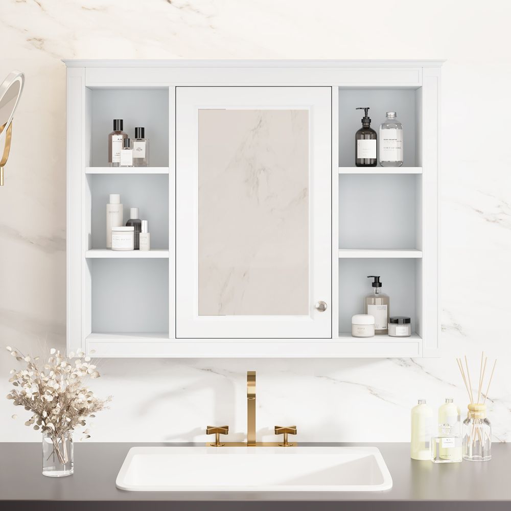 dropship 35'' x 27.5'' Medicine Cabinet, Wall Mounted Bathroom Storage Cabinet, Modern Bathroom Wall Cabinet with Mirror, Mirror Cabinet with 6 Open Shelves (Not Include Bathroom Vanity )