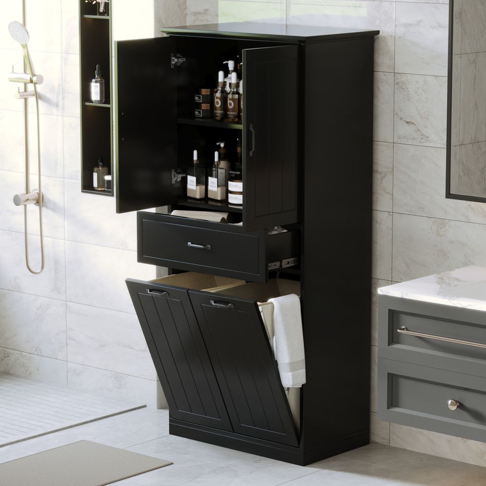 dropship Bathroom Storage Cabinet with Two Laundry Baskets, Storage Cabinet with Doors and Drawer for Home, Black
