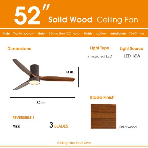 dropship 52 Inch Indoor Flush Mount Ceiling Fan with LED Light and Remote Control