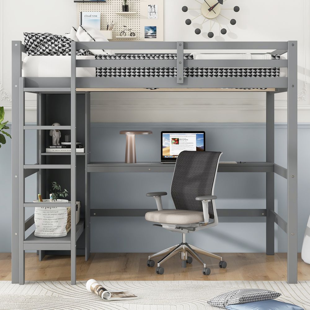 dropship Full Size Loft Bed with Multifunction Shelves and Under-bed Desk, Gray