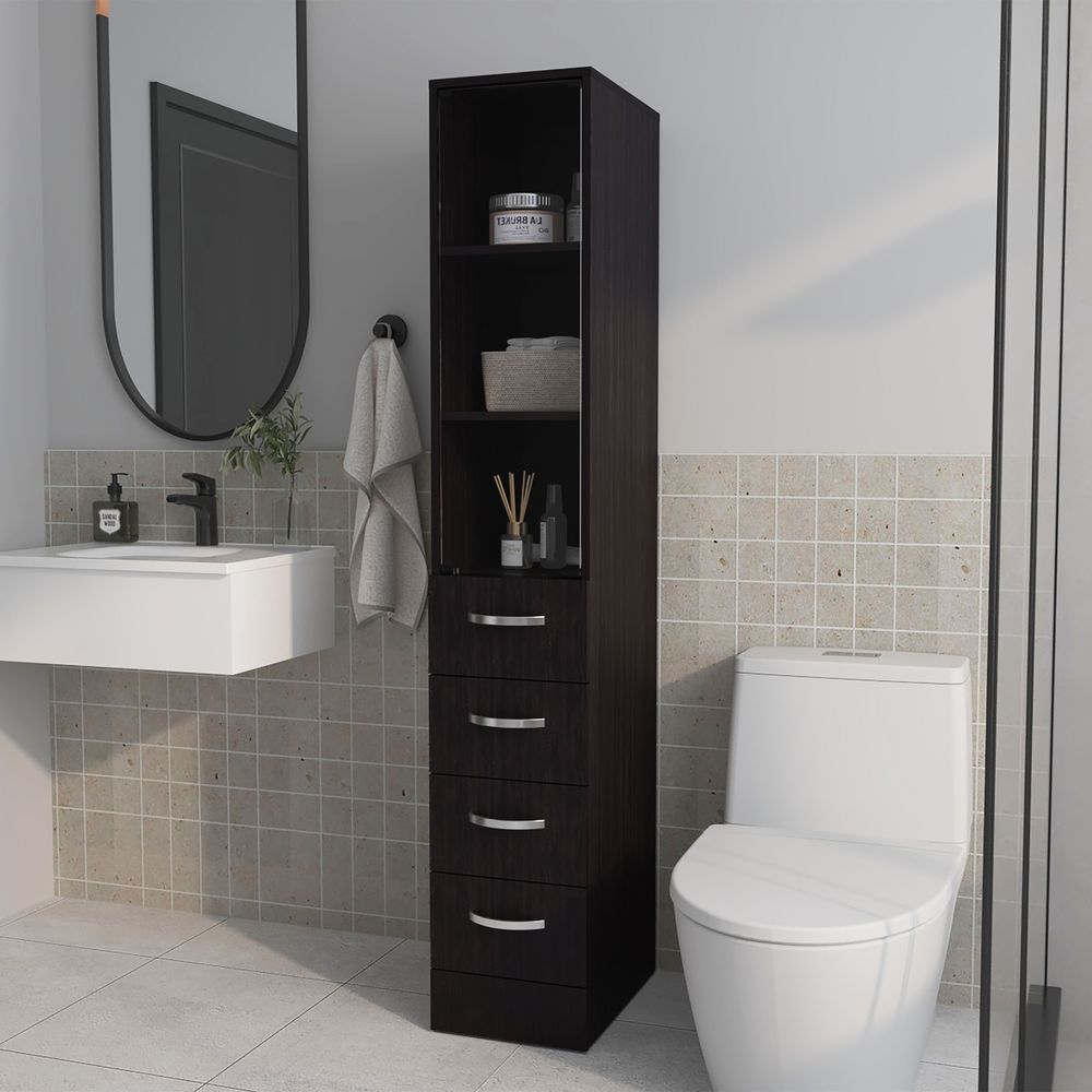 dropship Piñon Bathroom Linen Cabinet with Glass Door and Drawers, Wengue