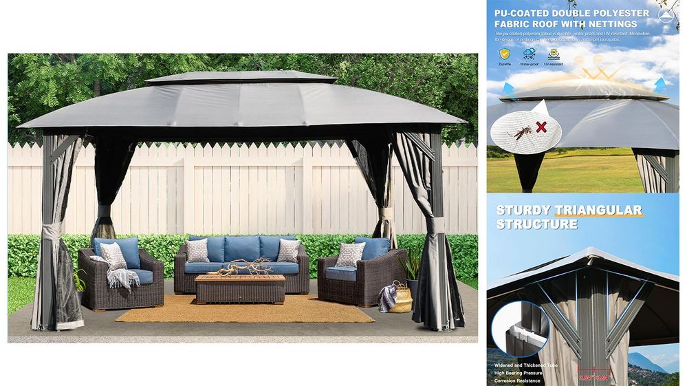 dropship Gazebo 10x14FT, Outdoor Gazebo with Double Roofs, Privacy Curtains, Mosquito Nettings, Heavy Duty Metal Frame Party Tent Canopy for Patio, Backyard, Deck, Lawn, Grey