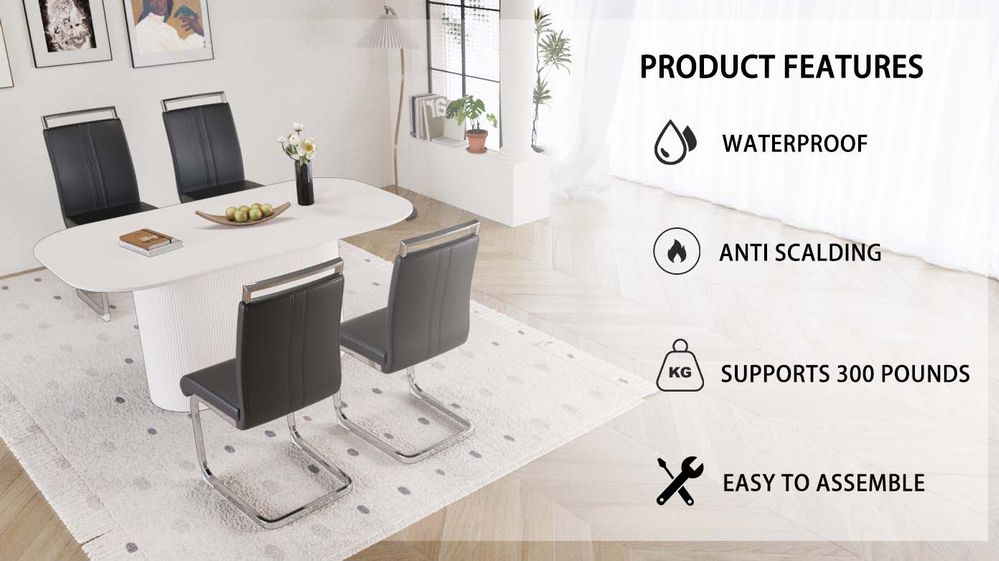 dropship 63 "medieval modern cream style MDF dining table and PU armless dining chair set 4. Assemble Desktop and Silver plated metal leg dining chair set, suitable for home&kitchen