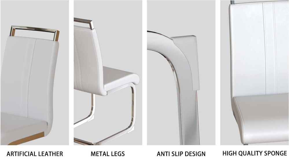 dropship 63 "medieval modern cream style MDF dining table and PU armless dining chair set 4. Assemble Desktop and Silver plated metal leg dining chair set, suitable for home&kitchen