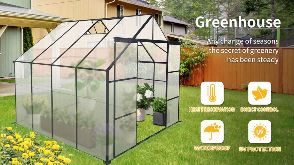 dropship 8X6FT-Black Double Door Polycarbonate Greenhouse Raised Base and Anchor Aluminum Heavy Duty Walk-in Greenhouses for Outdoor Backyard in All Season