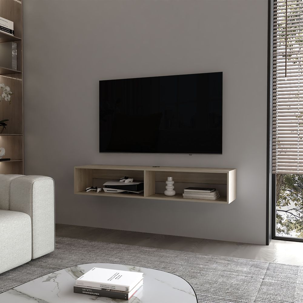 dropship Central Floating media rack in melamine with two shelves,white oak