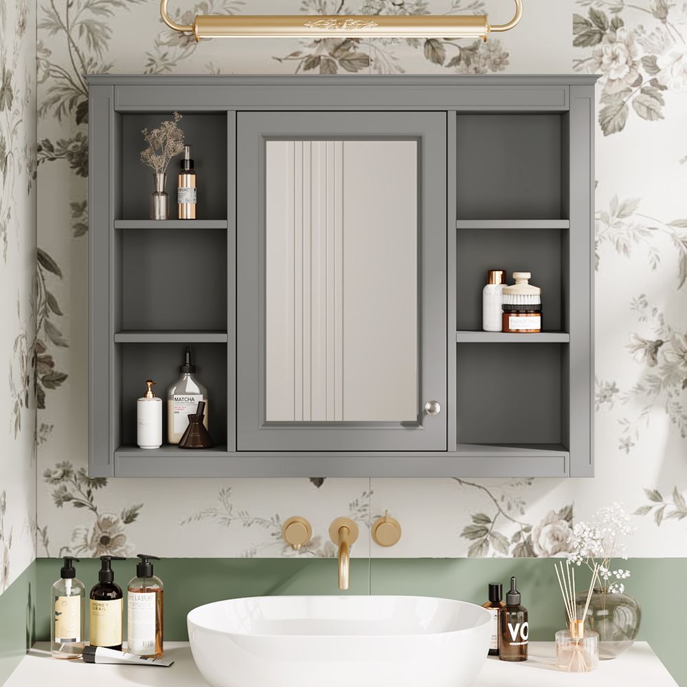 dropship 35'' x 27.5'' Medicine Cabinet, Wall Mounted Bathroom Storage Cabinet, Modern Bathroom Wall Cabinet with Mirror, Mirror Cabinet with 6 Open Shelves (Not Include Bathroom Vanity )