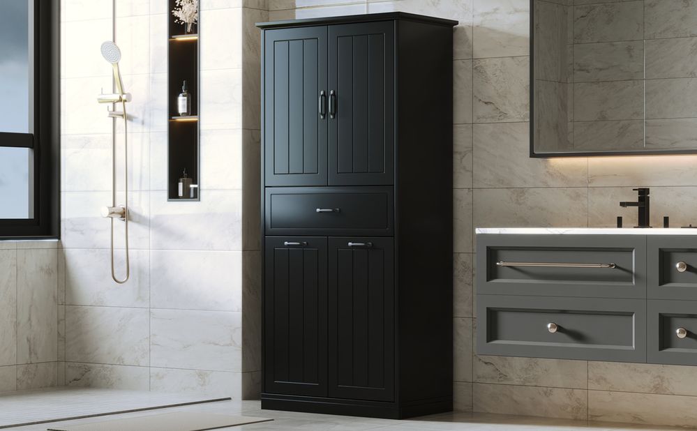 dropship Bathroom Storage Cabinet with Two Laundry Baskets, Storage Cabinet with Doors and Drawer for Home, Black