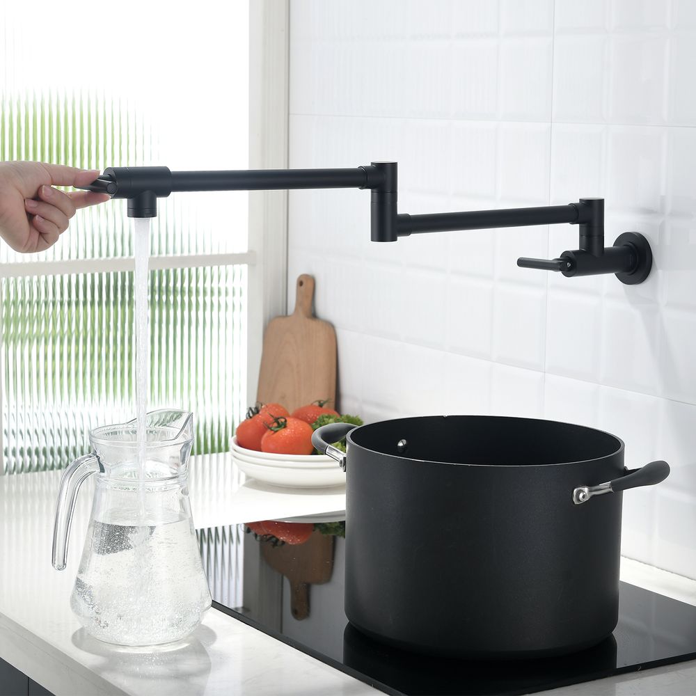 dropship Brass Pot Filler,Wall Mount Commercial Pot Filler Faucet,Brass Copper Material Kitchen Folding Faucet,Coffee Machine Faucet with Stretchable Double Joint Swing Arms,Style A,Black ened