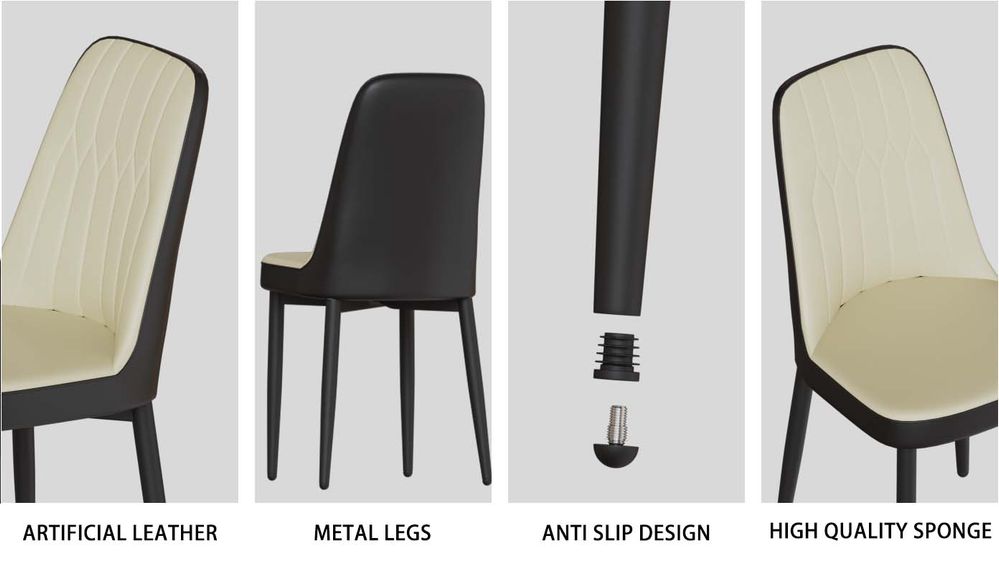 dropship 63 "medieval modern cream style MDF dining table and PU dining chair set 6. Assemble Desktop and black metal leg dining chair set, suitable for home&kitchen
