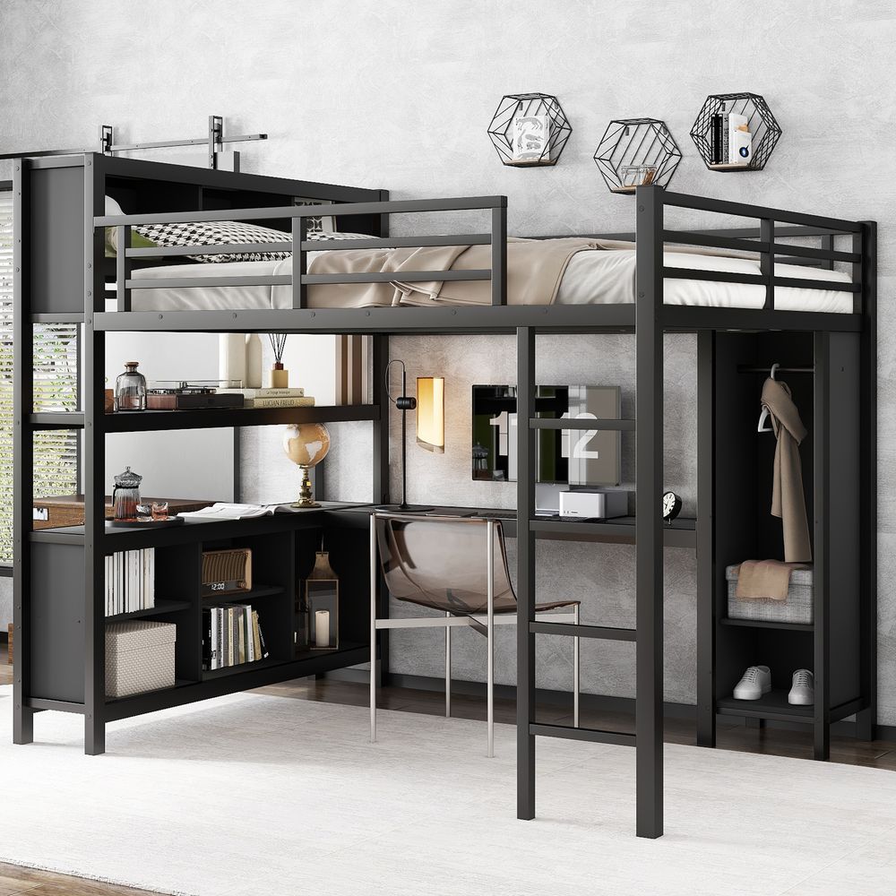 dropship Metal Loft Bed with Wardrobe And L-shaped Desk, Queen Size Loft Bed with Storage Cubes and Shelves, Heavy Duty Loft Bed for Kids Teens Adults, Black