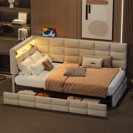 dropship Upholstered Twin Size Daybed with Storage 2 Drawers and Charging Station, Day Bed Frame with LED Lights and Storage Headboard, No Box-Spring Needed, Beige