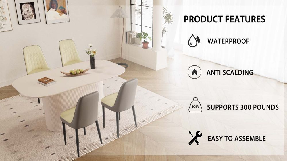 dropship 63 "medieval modern cream style MDF dining table and PU dining chair set 4. Assemble Desktop and black metal leg dining chair set, suitable for home&kitchen