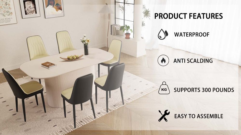 dropship 63 "medieval modern cream style MDF dining table and PU dining chair set 6. Assemble Desktop and black metal leg dining chair set, suitable for home&kitchen